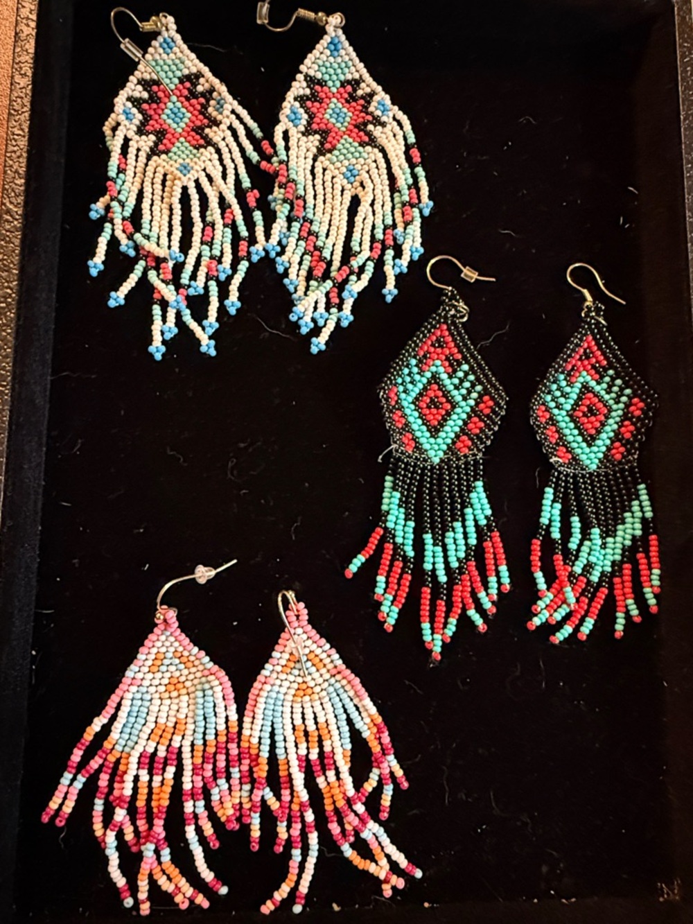 Handmade Seed Bead Fringe Earrings - Turquoise, Red & Cream-Bundle